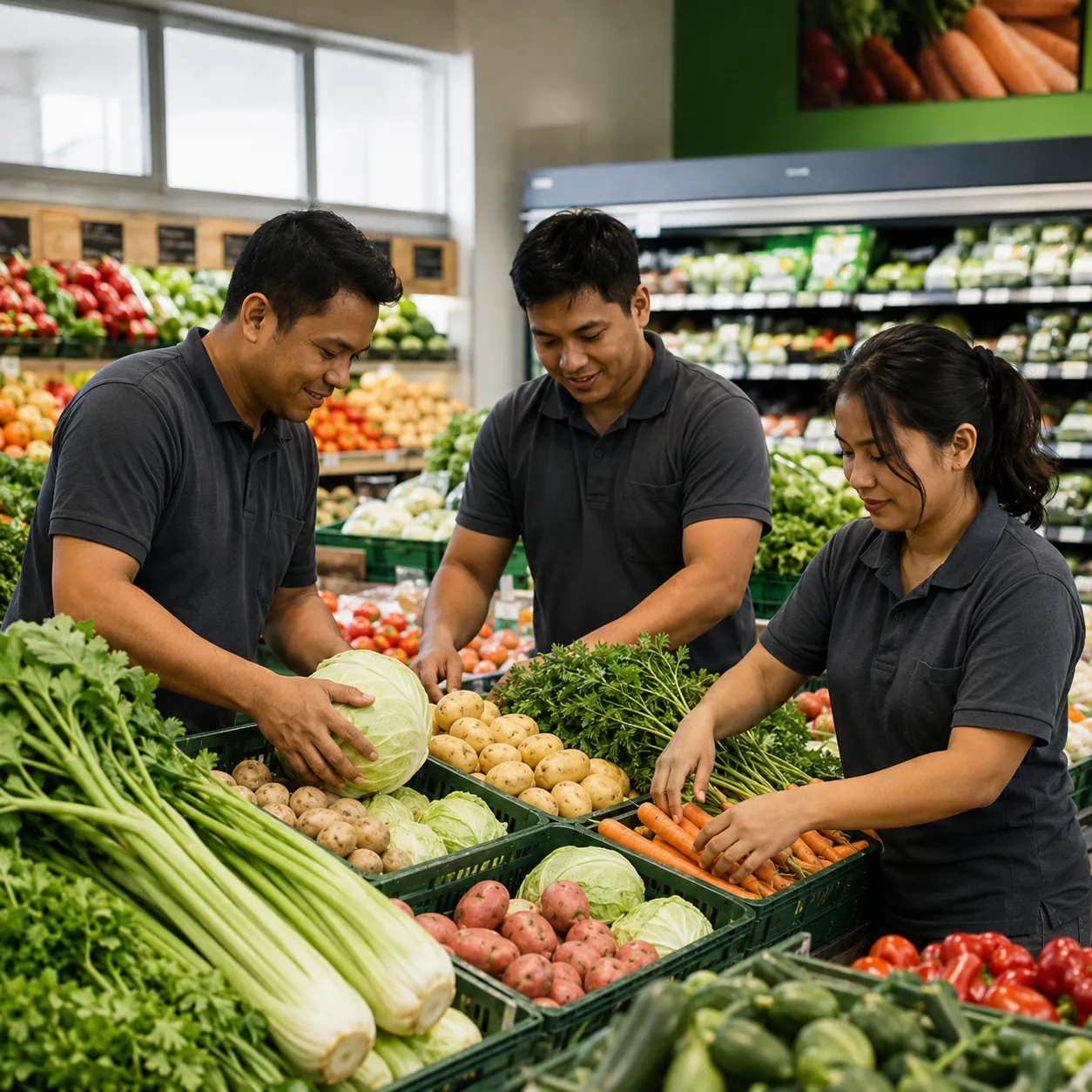 Trabajadores colocando verduras en la sección de frutas y verduras